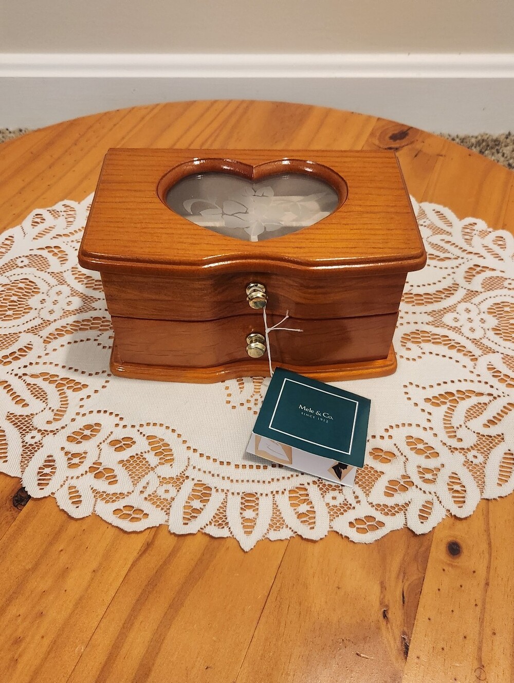 Mele & Co. Wood And Glass Heart Jewelry Box in Warm Brown Finish NEW WITH TAG